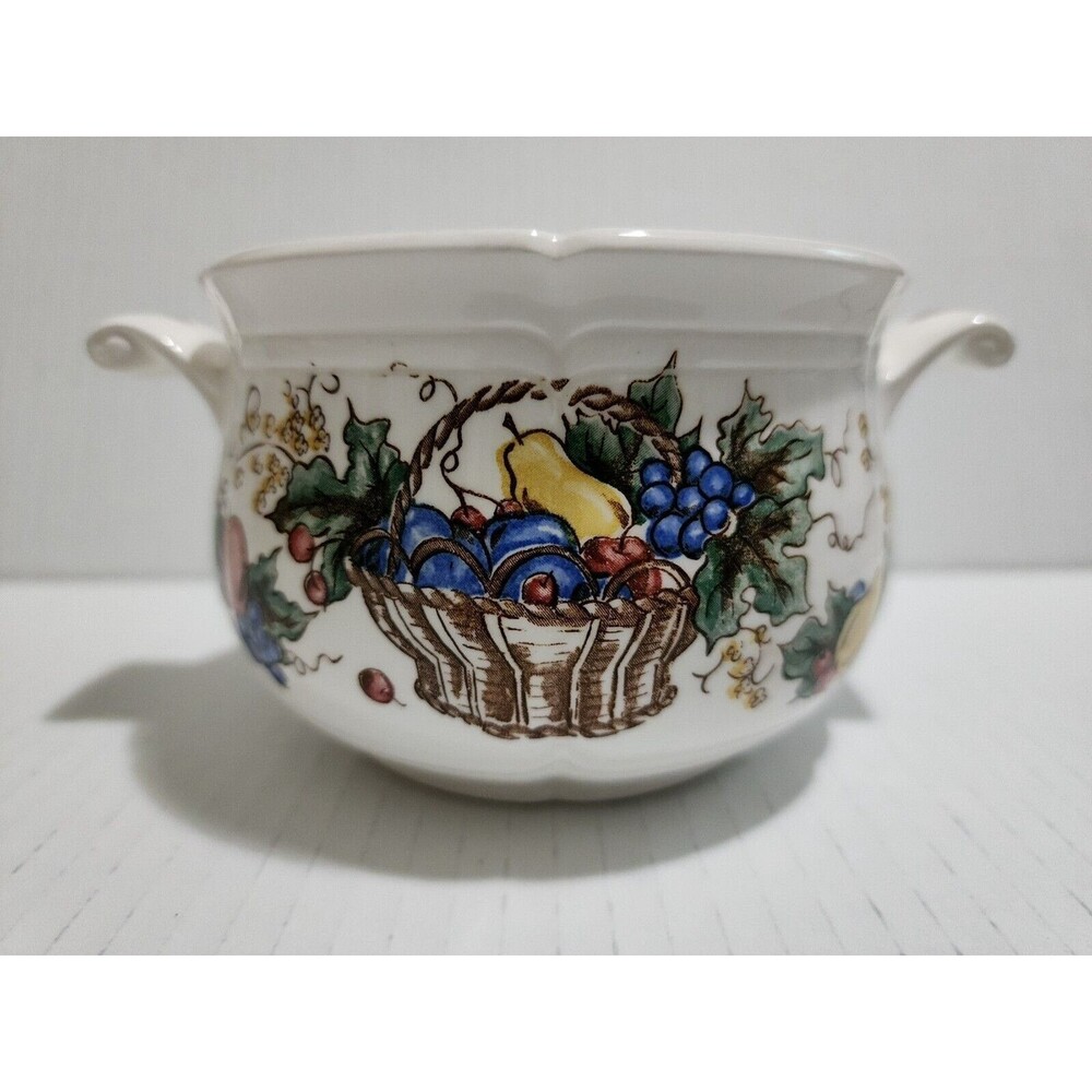 Vintage Porcelain Double Handle Bouillon Cream Soup Cup Fruit Basket Floral EUC